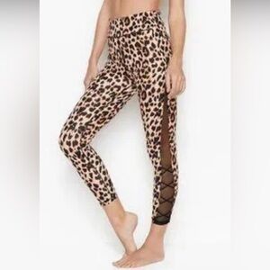 Victoria Secret Leopard 7/8 Leggings Mesh & Lace Up Sides High Rise Size 2 EUC